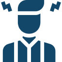 depressed Icon depicting a blue police officer figure with a hat, visible face mask, and shoulder epaulets, set against a plain background.